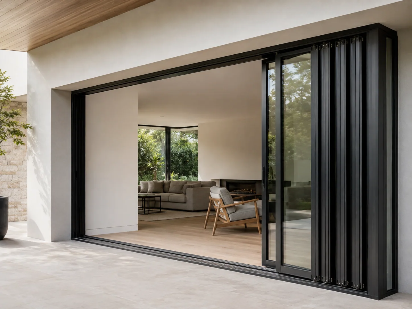 Black aluminium folding doors connecting an indoor living space to an alfresco area