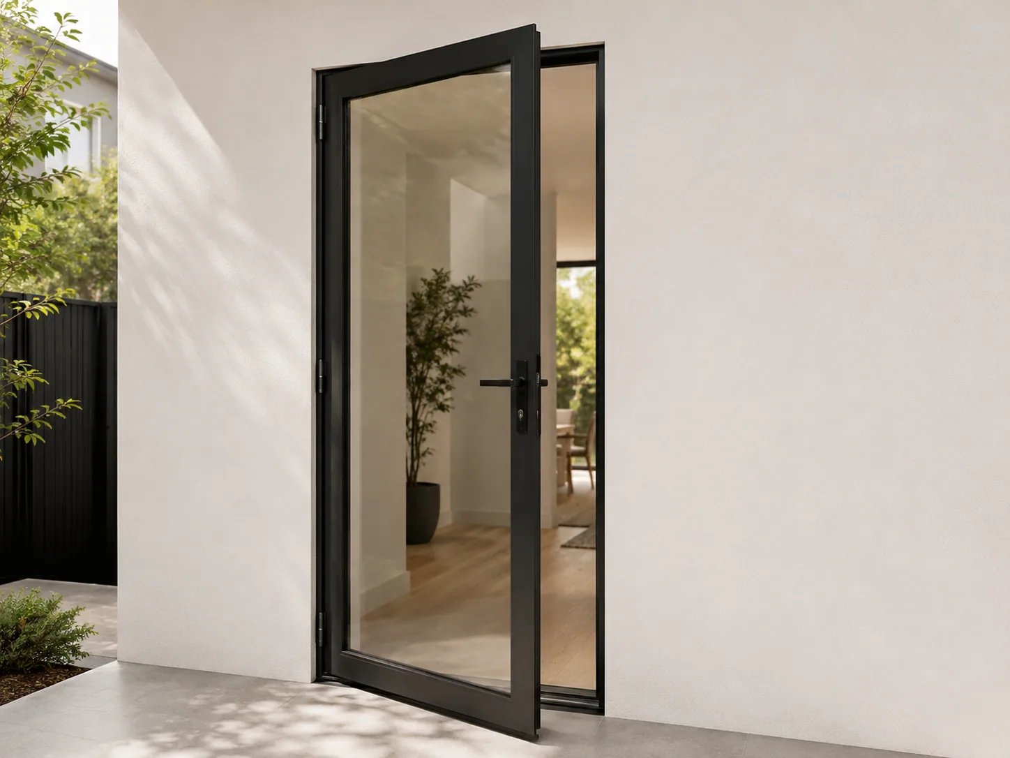 Black aluminium hinged entry door in a contemporary residential application