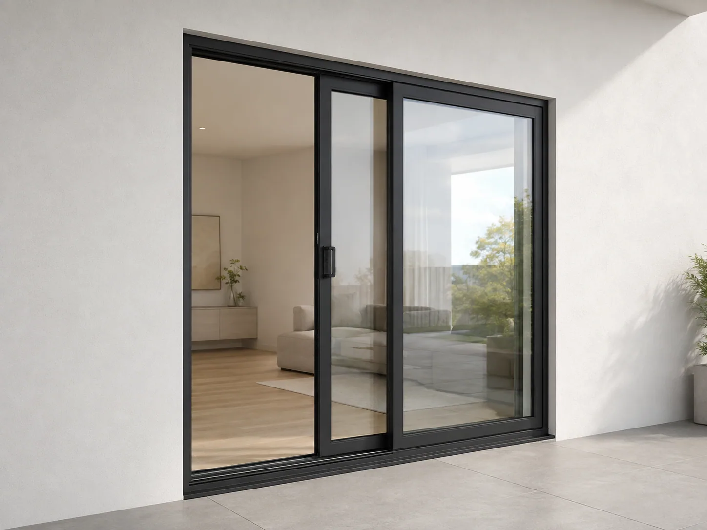 Black aluminium sliding door opening to a residential living space