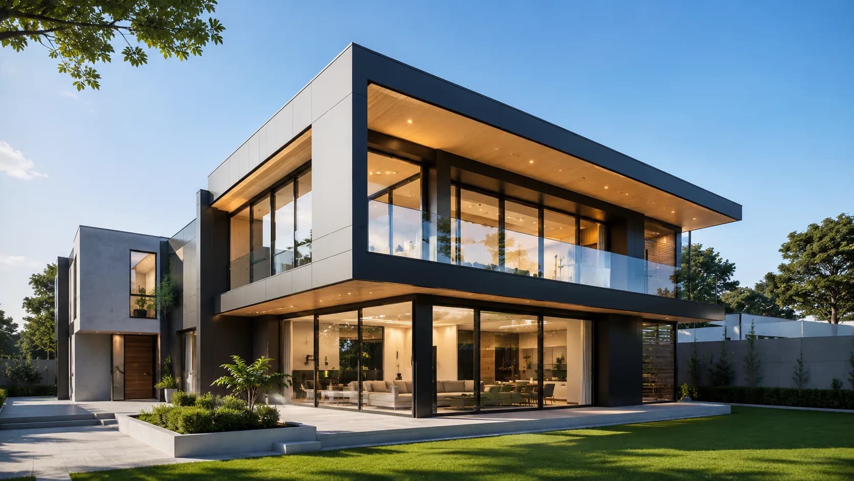 Concept image of a contemporary residence with large black-framed aluminium windows and doors