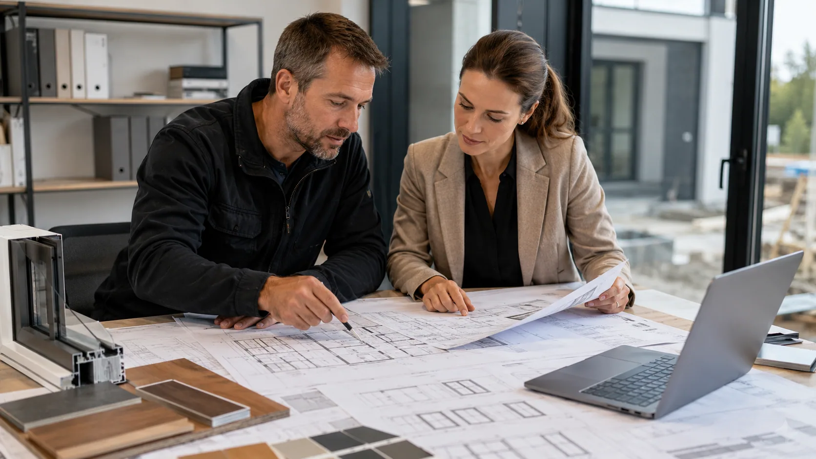 Concept image of a builder reviewing architectural plans and a residential window schedule