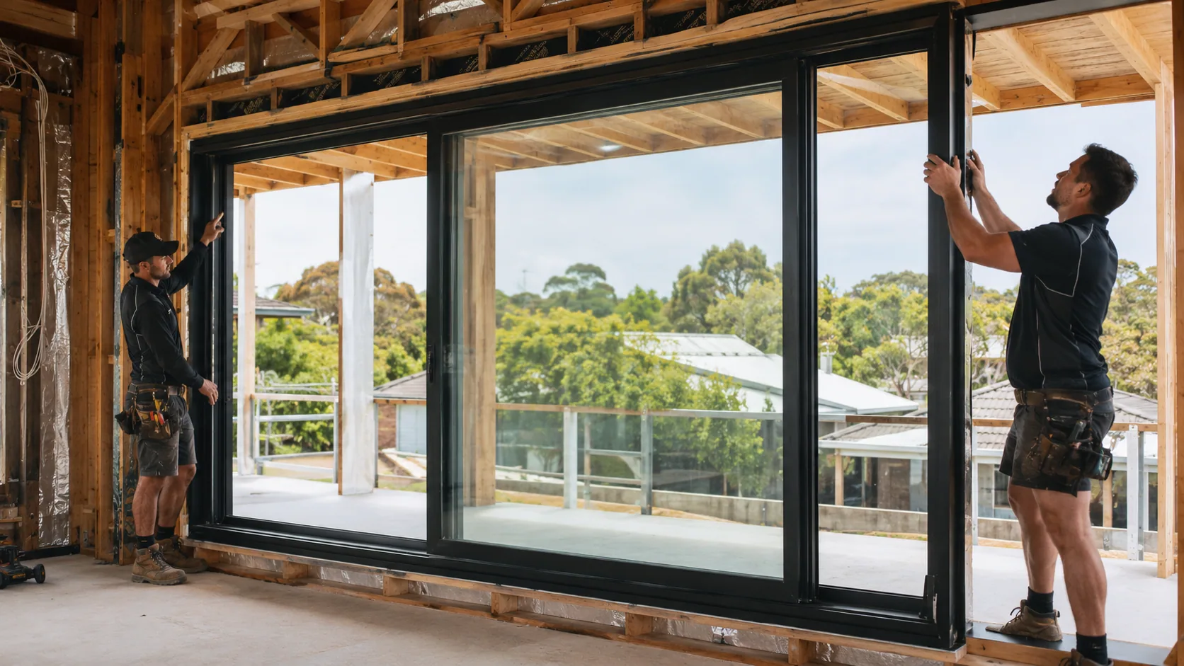 Concept image of aluminium window and door installation on a residential building site
